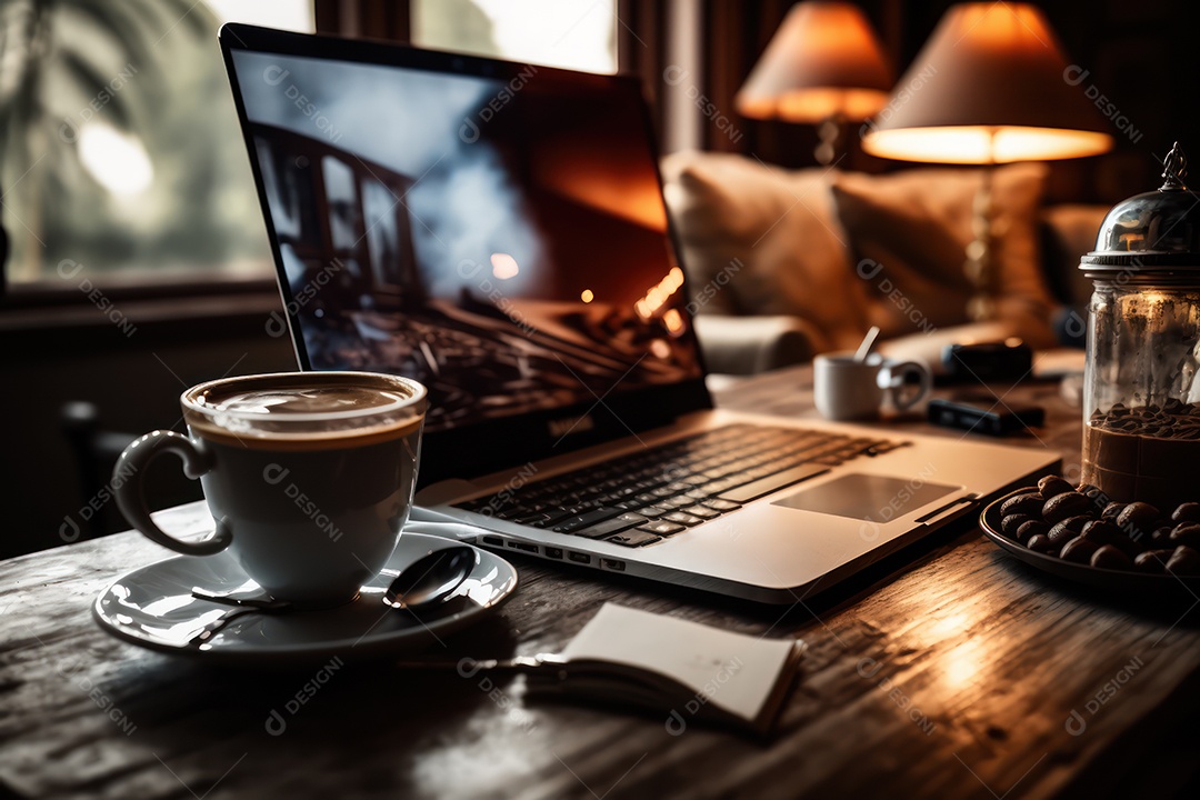 Xícara de cappuccino, café e café da manhã em uma mesa de madeira com um laptop para trabalho e acessórios