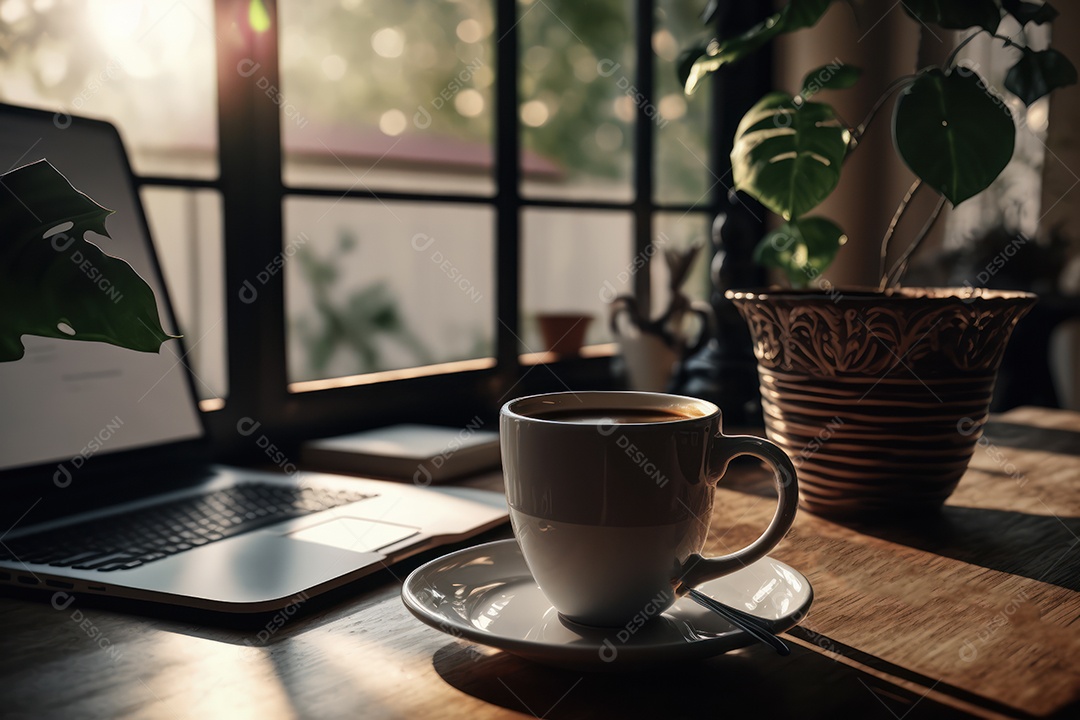 Xicara de cappuccino, café e café da manhã em uma mesa de madeira com um laptop para trabalho e acessórios