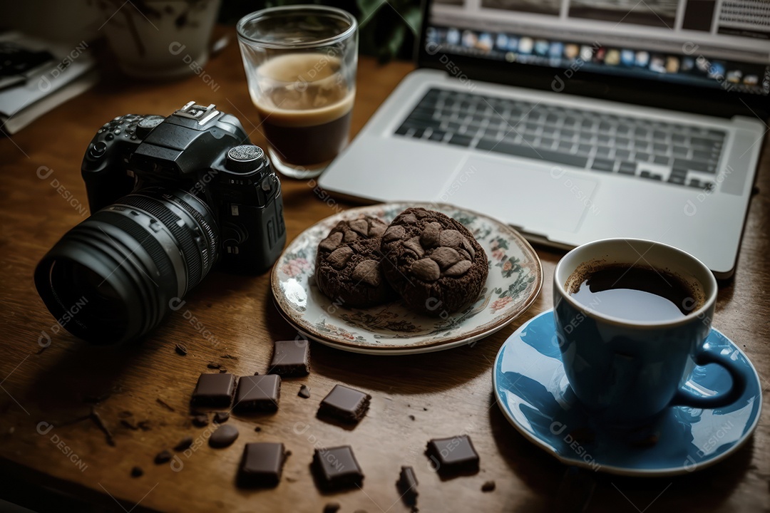 Xicara de cappuccino, café e café da manhã em uma mesa de madeira com um laptop para trabalho e acessórios