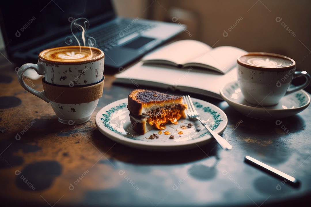 Xicara de cappuccino, café e café da manhã em uma mesa de madeira com um laptop para trabalho e acessórios