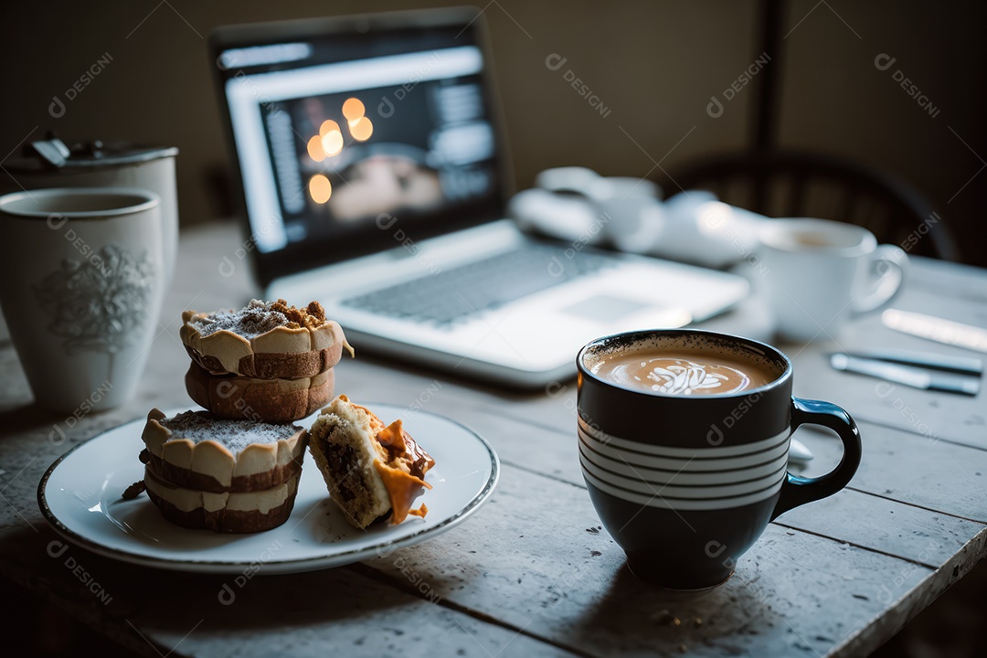 Xicara de cappuccino, café e café da manhã em uma mesa de madeira com um laptop para trabalho e acessórios