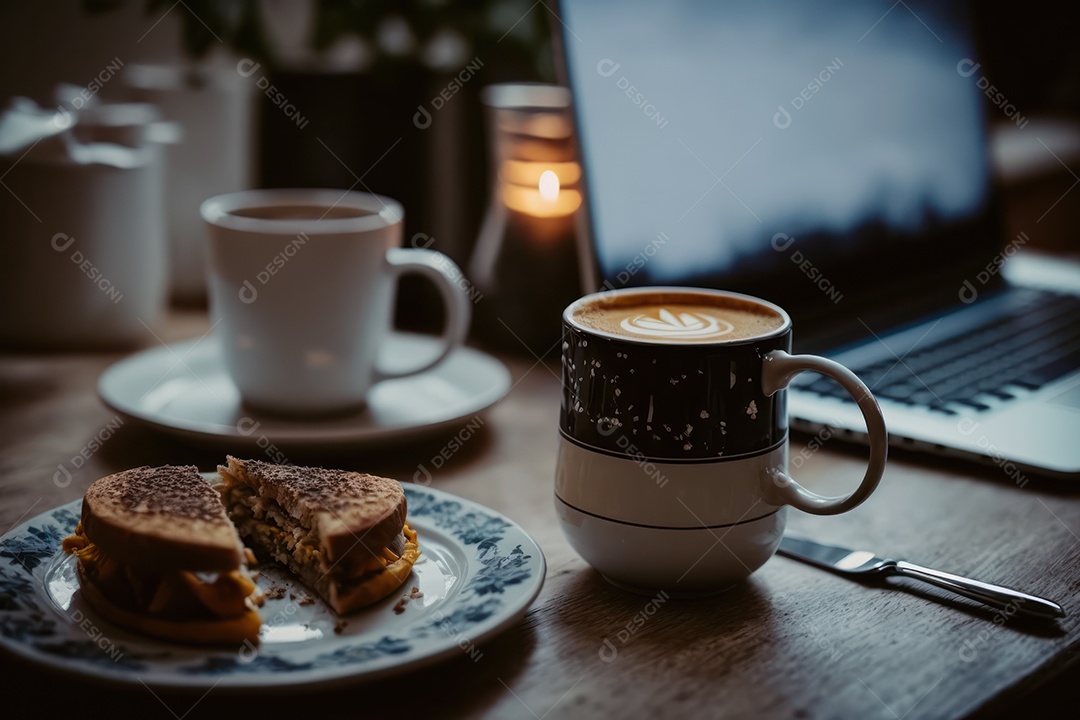 Xicara de cappuccino, café e café da manhã em uma mesa de madeira com um laptop para trabalho e acessórios