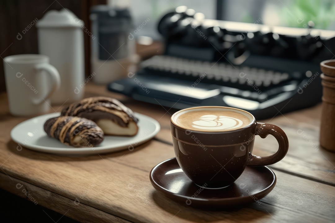 Xicara de cappuccino, café e café da manhã em uma mesa de madeira com um laptop para trabalho e acessórios