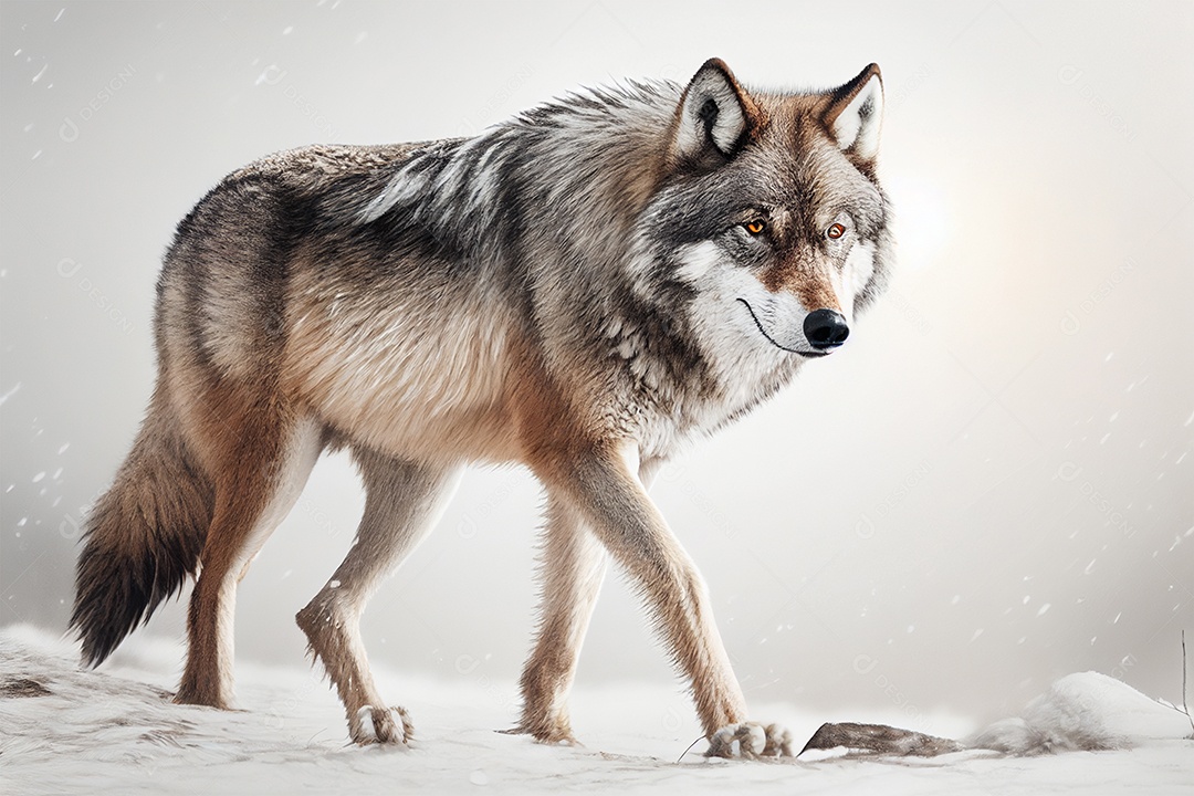Lindo lobo sobre neve em fundo gerado por IA