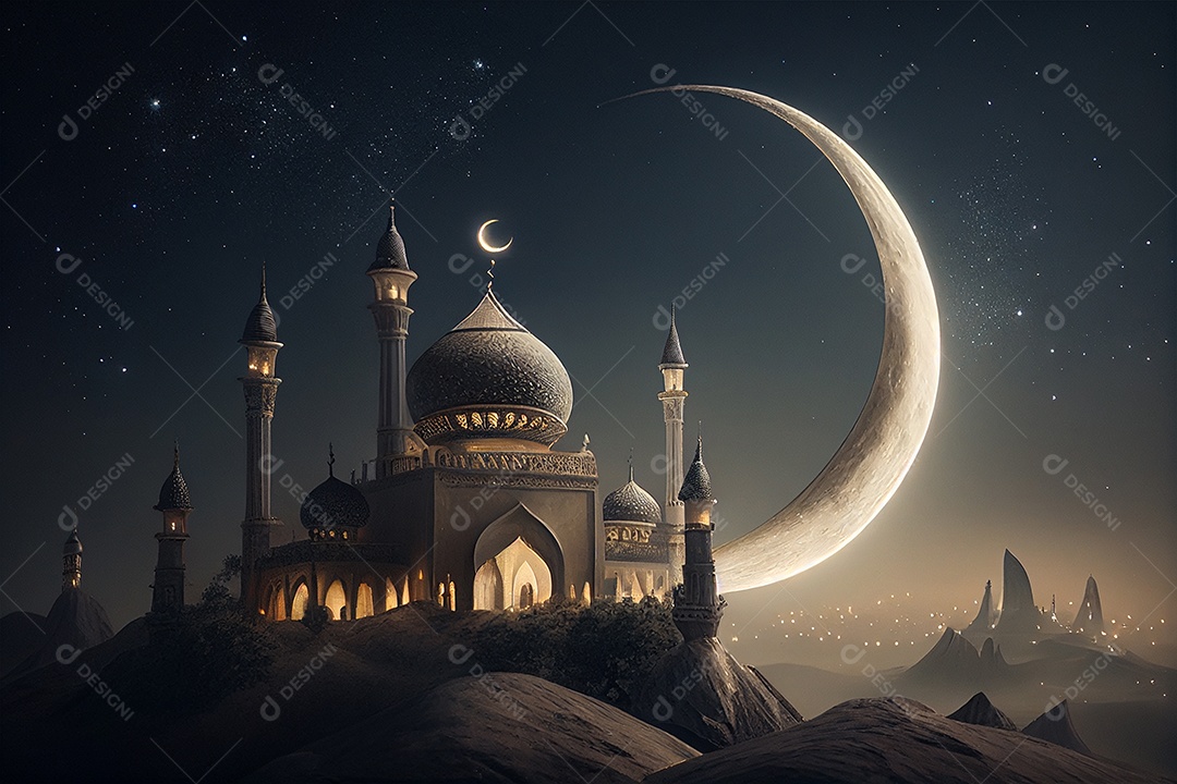 Plano de fundo Ramadan Kareem Lua crescente e nuvem gerada por IA