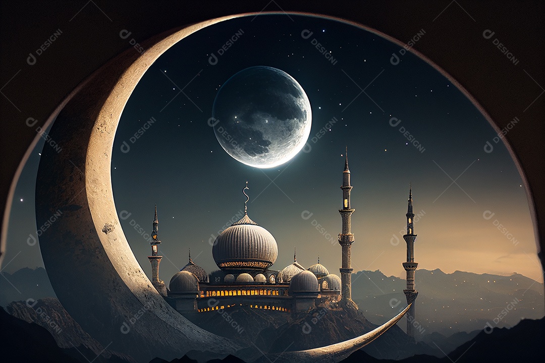 Plano de fundo Ramadan Kareem Lua crescente e nuvem gerada por IA