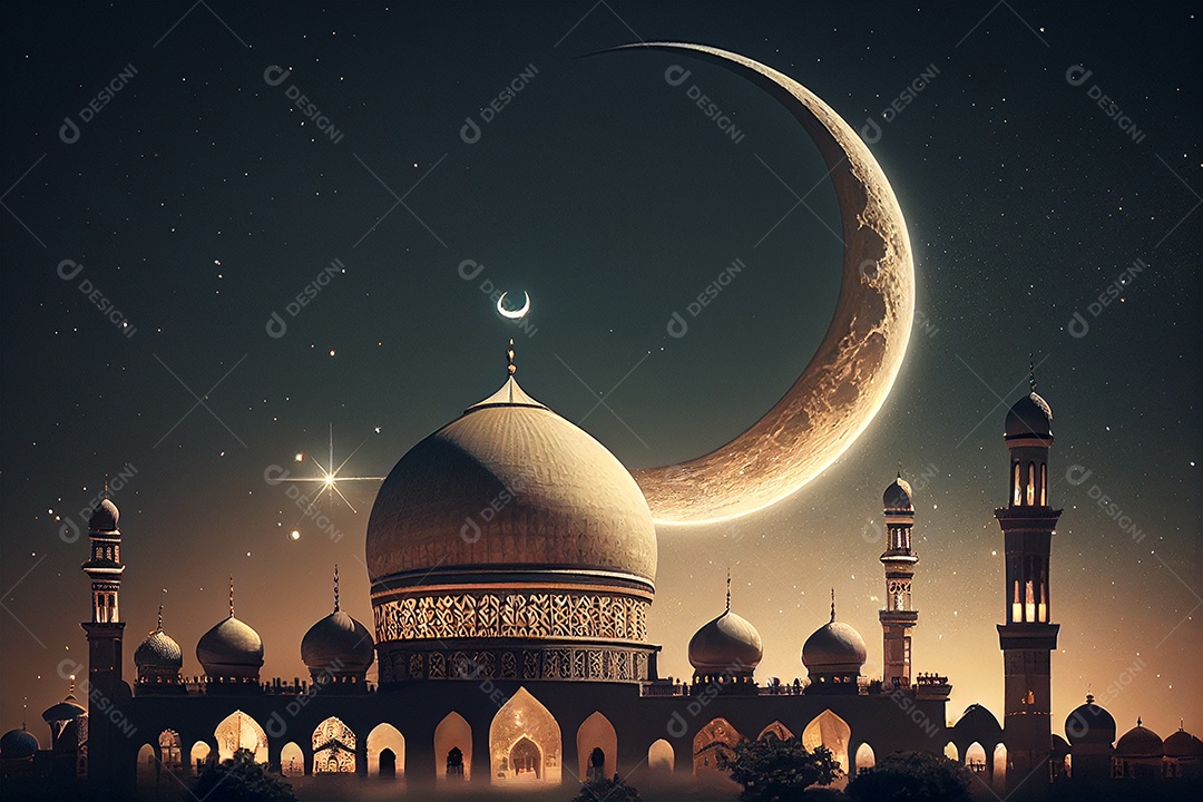 Plano de fundo Ramadan Kareem Lua crescente e nuvem gerada por IA