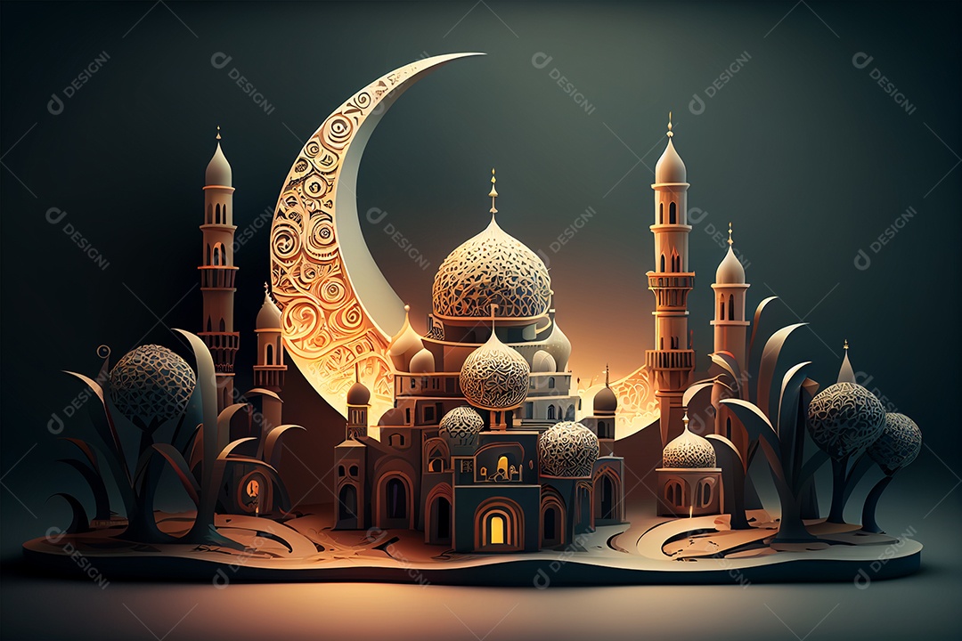 Plano de fundo Ramadan Kareem Lua crescente e nuvem gerada por IA