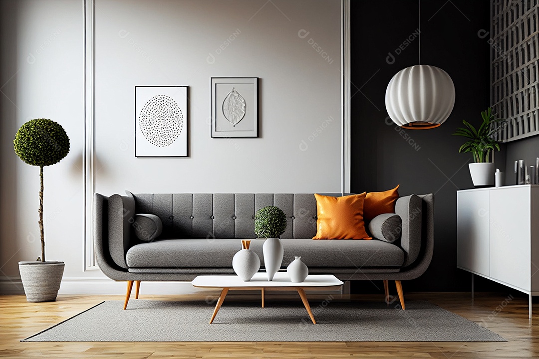 Uma sala de estar com um sofá cinza e uma mesa de centro branca com uma luminária branca sobre ela IA