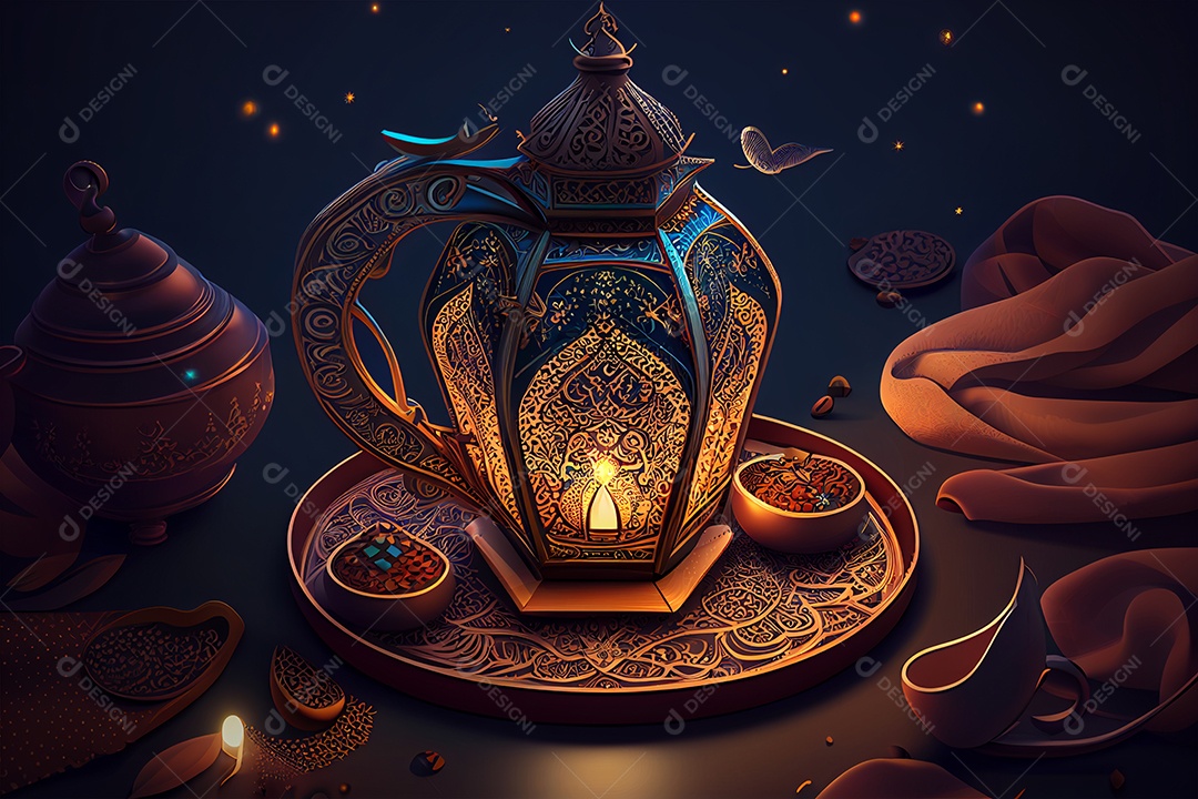 Lanterna árabe decorativa com uma velas acesas sobre fundo isolado