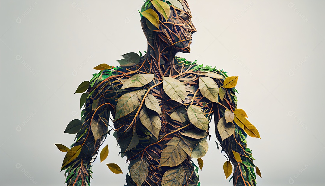 Humanos são feitos de galhos de árvores com folhas, conceito de Forma Orgânica e Metáfora Dia da Terra a importância de amar a natureza