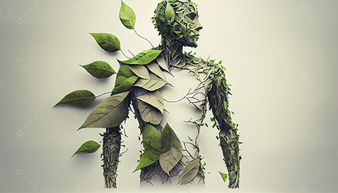 Humanos são feitos de galhos de árvores com folhas, conceito de Forma Orgânica e Metáfora Dia da Terra a importância de amar a natureza