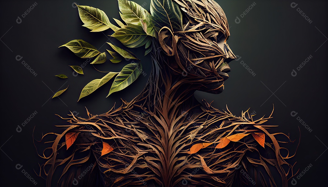 Humanos são feitos de galhos de árvores com folhas, conceito de Forma Orgânica e Metáfora Dia da Terra a importância de amar a natureza