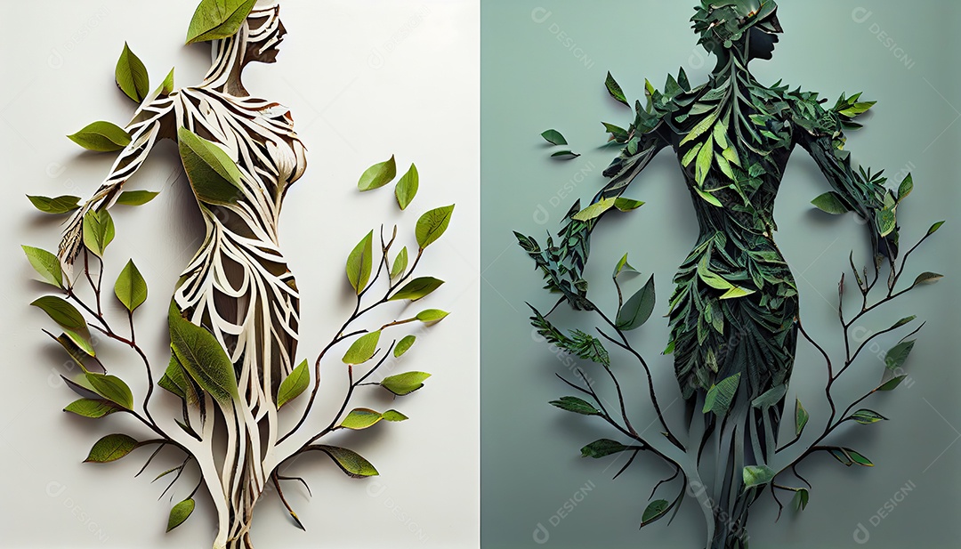 Humanos são feitos de galhos de árvores com folhas, conceito de Forma Orgânica e Metáfora Dia da Terra a importância de amar a natureza