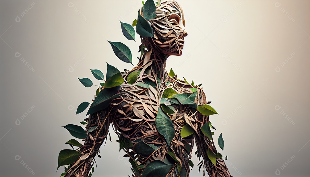 Humanos são feitos de galhos de árvores com folhas, conceito de Forma Orgânica e Metáfora Dia da Terra a importância de amar a natureza