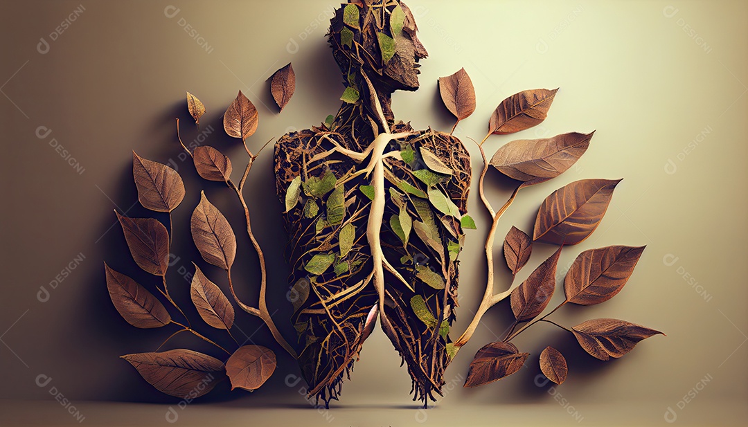 Humanos são feitos de galhos de árvores com folhas, conceito de Forma Orgânica e Metáfora Dia da Terra a importância de amar a natureza