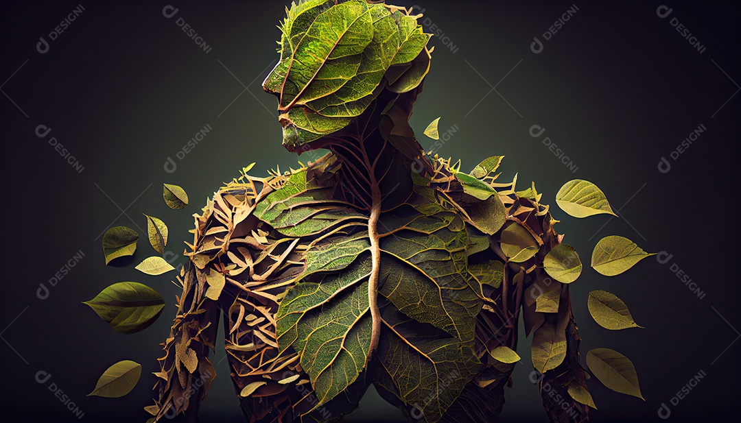 Humanos são feitos de galhos de árvores com folhas, conceito de Forma Orgânica e Metáfora Dia da Terra a importância de amar a natureza