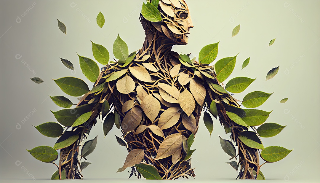 Humanos são feitos de galhos de árvores com folhas, conceito de Forma Orgânica e Metáfora Dia da Terra a importância de amar a natureza