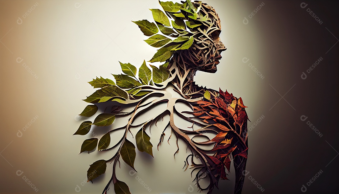 Humanos são feitos de galhos de árvores com folhas, conceito de Forma Orgânica e Metáfora Dia da Terra a importância de amar a natureza