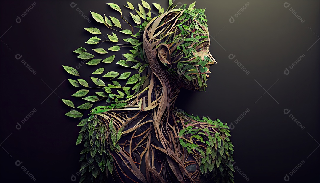 Humanos são feitos de galhos de árvores com folhas, conceito de Forma Orgânica e Metáfora Dia da Terra a importância de amar a natureza