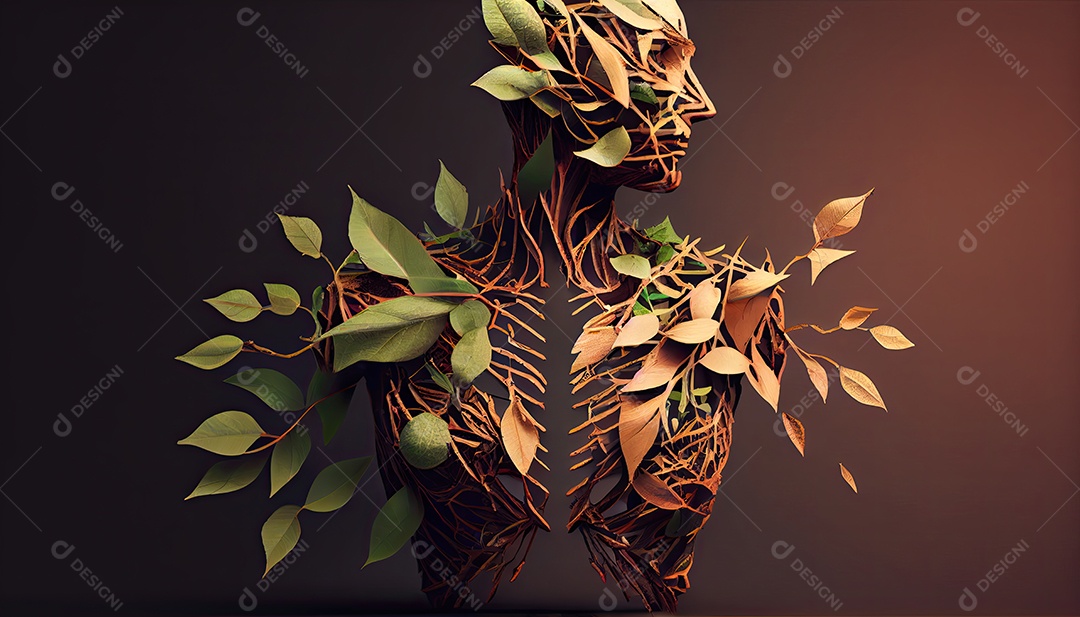 Humanos são feitos de galhos de árvores com folhas, conceito de Forma Orgânica e Metáfora Dia da Terra a importância de amar a natureza