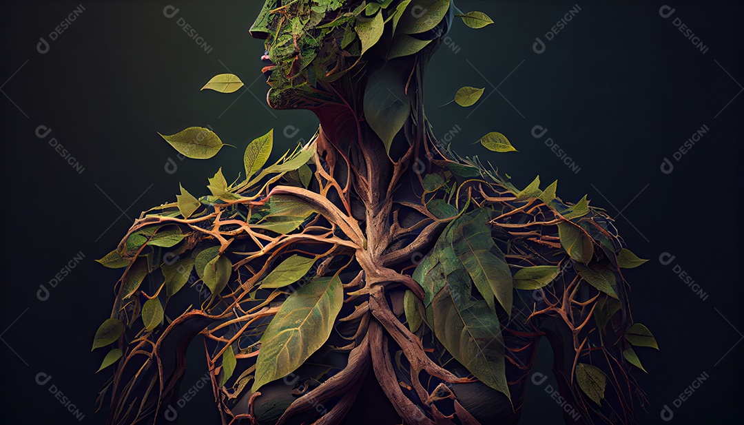 Humanos são feitos de galhos de árvores com folhas, conceito de Forma Orgânica e Metáfora Dia da Terra a importância de amar a natureza