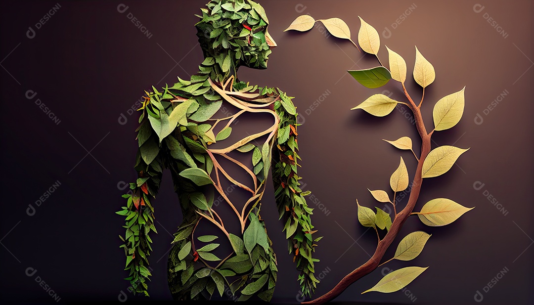 Humanos são feitos de galhos de árvores com folhas, conceito de Forma Orgânica e Metáfora Dia da Terra a importância de amar a natureza