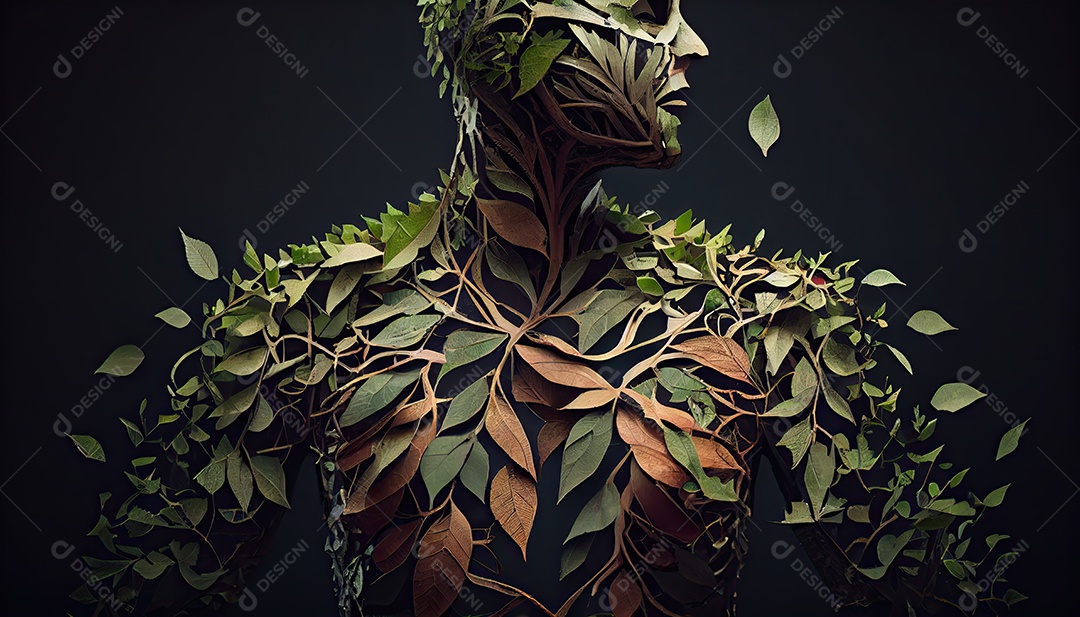 Humanos são feitos de galhos de árvores com folhas, conceito de Forma Orgânica e Metáfora Dia da Terra a importância de amar a natureza