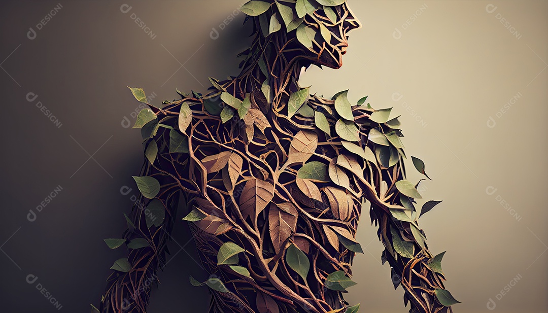 Humanos são feitos de galhos de árvores com folhas, conceito de Forma Orgânica e Metáfora Dia da Terra a importância de amar a natureza