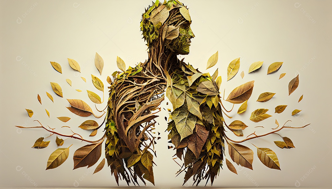 Humanos são feitos de galhos de árvores com folhas, conceito de Forma Orgânica e Metáfora Dia da Terra a importância de amar a natureza