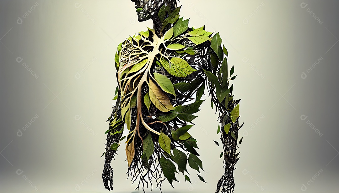 Humanos são feitos de galhos de árvores com folhas, conceito de Forma Orgânica e Metáfora Dia da Terra a importância de amar a natureza