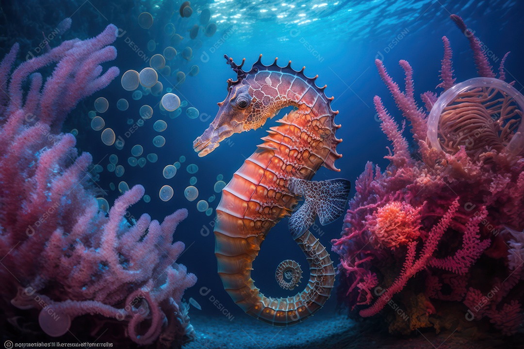 Belo cavalo marinho ao lado de elaborados corais marinhos hermatípicos coloridos no fundo do mar