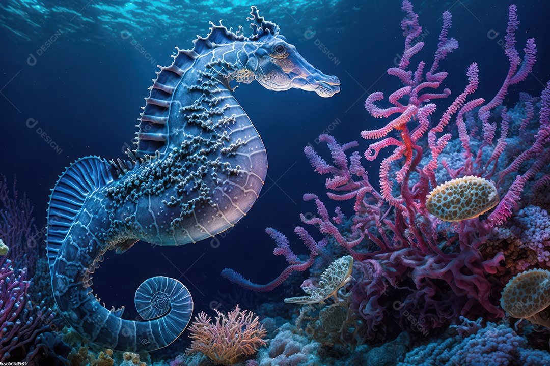 Belo cavalo marinho ao lado de elaborados corais marinhos hermatípicos coloridos no fundo do mar