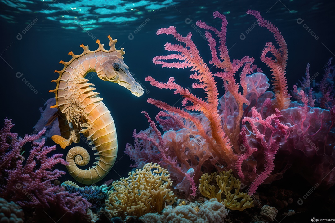 Belo cavalo marinho ao lado de elaborados corais marinhos hermatípicos coloridos no fundo do mar