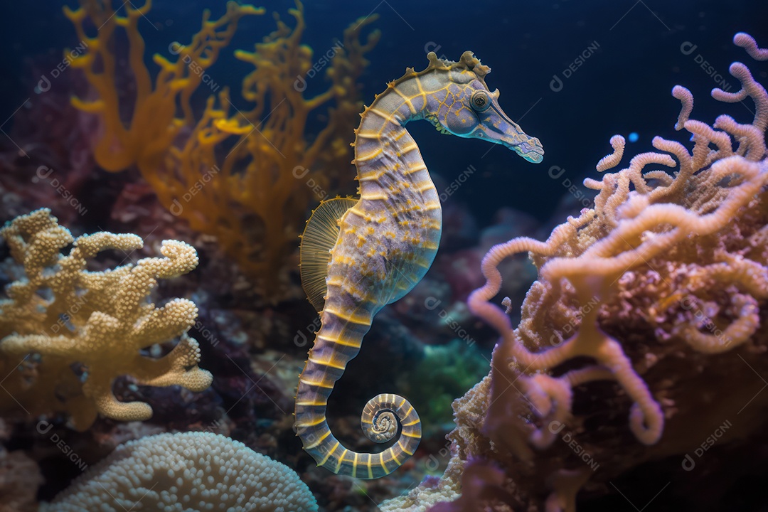 Belo cavalo marinho ao lado de elaborados corais marinhos hermatípicos coloridos no fundo do mar