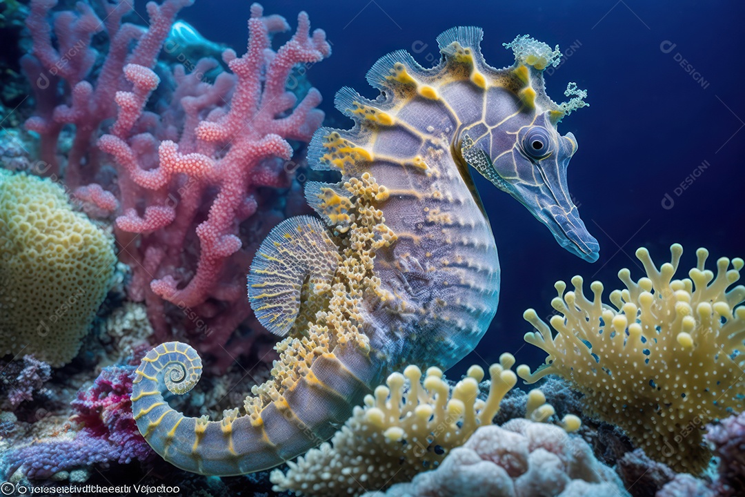 Belo cavalo marinho ao lado de elaborados corais marinhos hermatípicos coloridos no fundo do mar