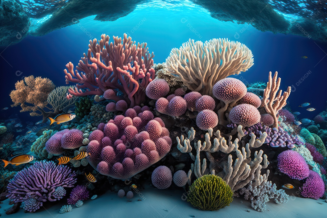 Belo cavalo marinho ao lado de elaborados corais marinhos hermatípicos coloridos no fundo do mar