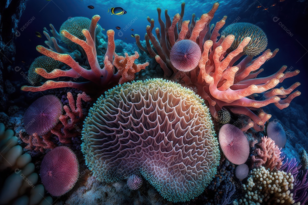 Belo cavalo marinho ao lado de elaborados corais marinhos hermatípicos coloridos no fundo do mar