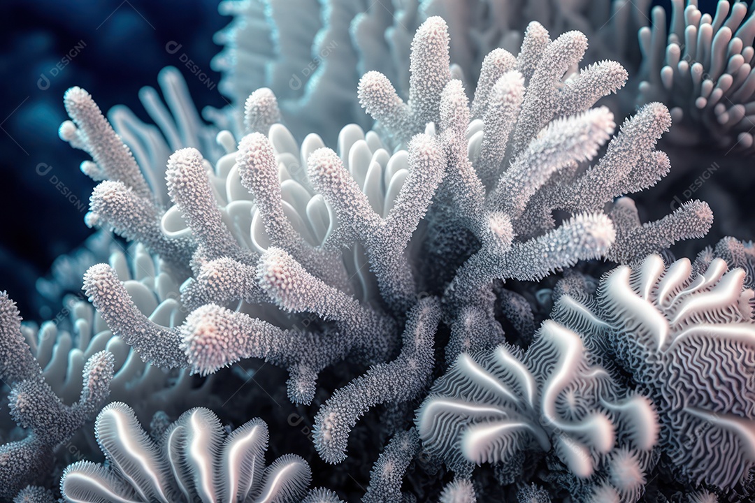 Belos corais marinhos hermatípicos brancos elaborados de várias espécies no fundo do mar