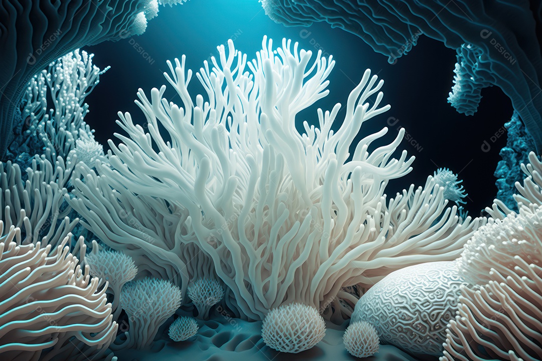 Belos corais marinhos hermatípicos brancos elaborados de várias espécies no fundo do mar