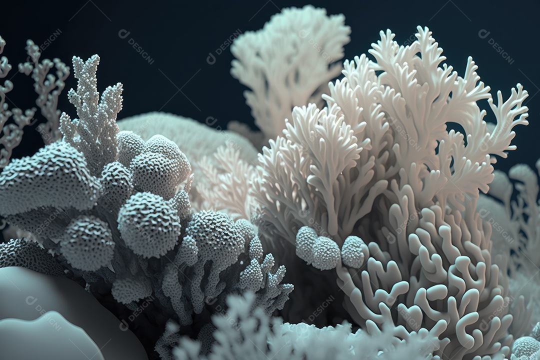 Belos corais marinhos hermatípicos brancos elaborados de várias espécies no fundo do mar