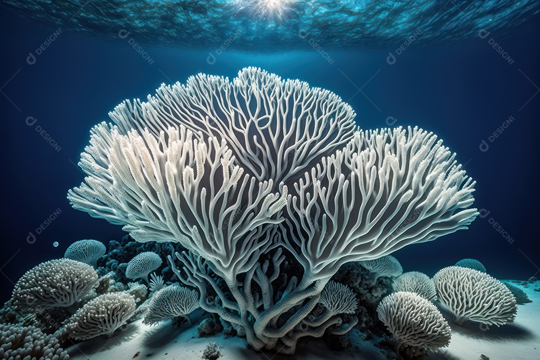 Belos corais marinhos hermatípicos brancos elaborados de várias espécies no fundo do mar