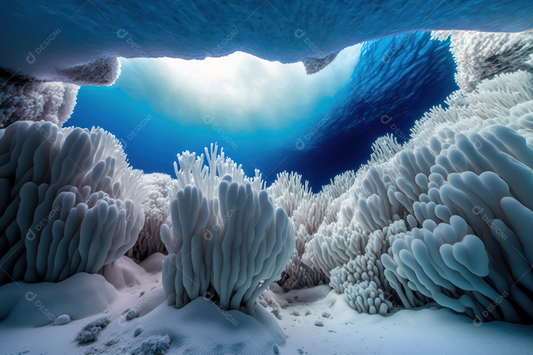 Belos corais marinhos hermatípicos brancos elaborados de várias espécies no fundo do mar
