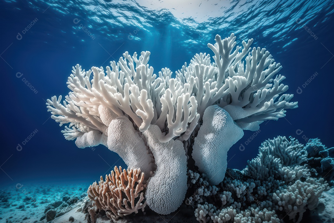 Belos corais marinhos hermatípicos brancos elaborados de várias espécies no fundo do mar