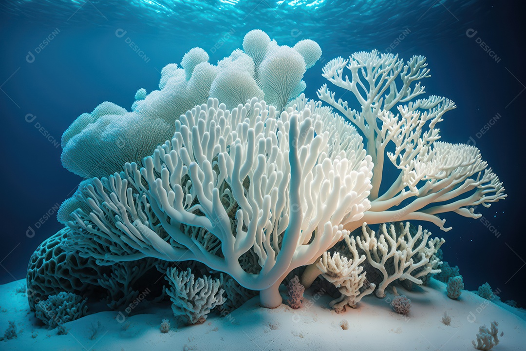 Belos corais marinhos hermatípicos brancos elaborados de várias espécies no fundo do mar