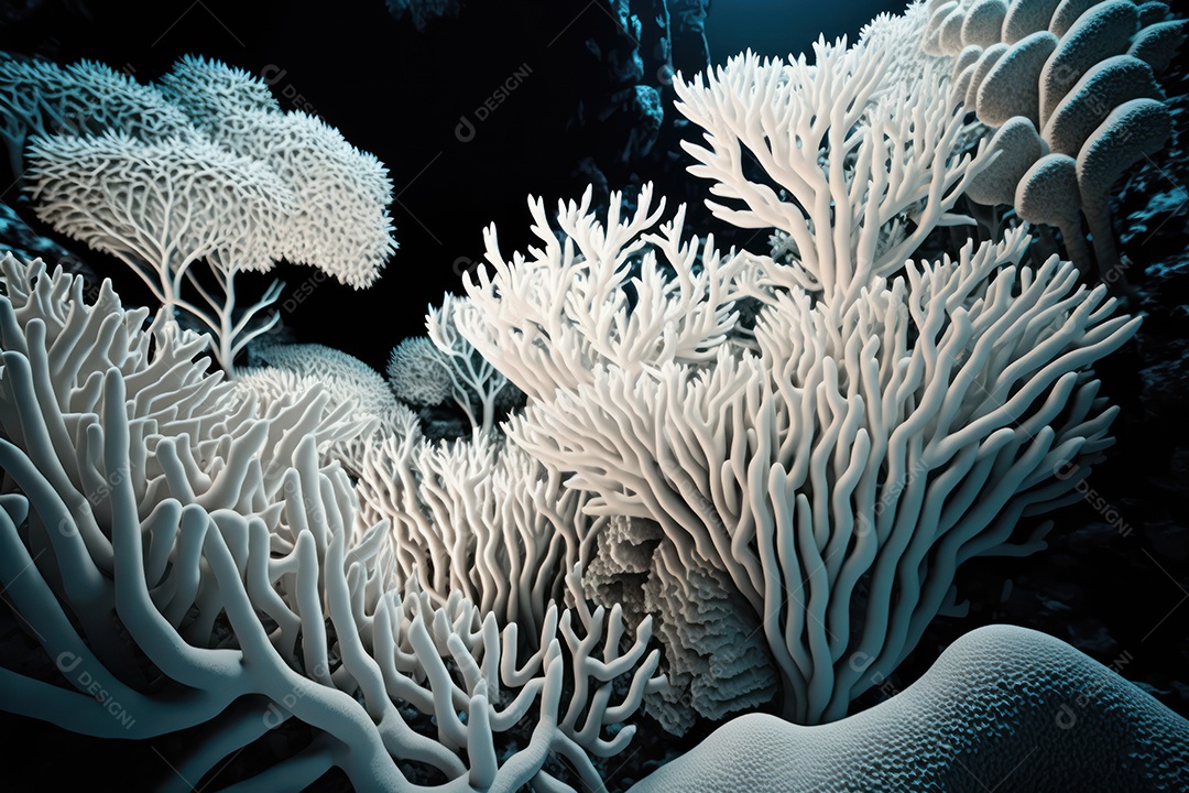 Belos corais marinhos hermatípicos brancos elaborados de várias espécies no fundo do mar