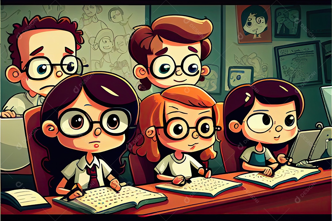 Desenho animado do aluno Estudando na frente do computador em sala de aula Dia do Professor e a importância dos educadores