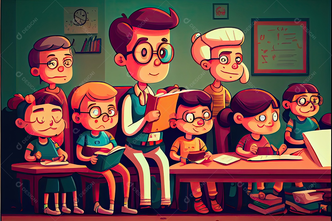 Desenho animado do aluno Estudando na frente do computador em sala de aula Dia do Professor e a importância dos educadores