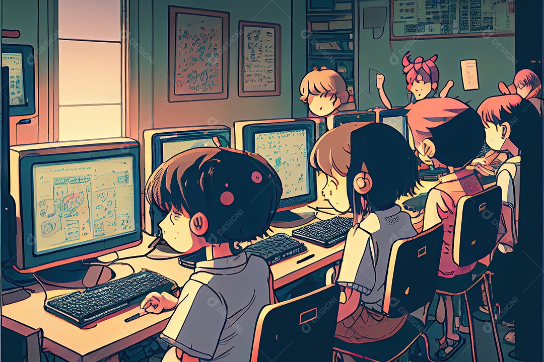 Desenho animado do aluno Estudando na frente do computador em sala de aula Dia do Professor e a importância dos educadores