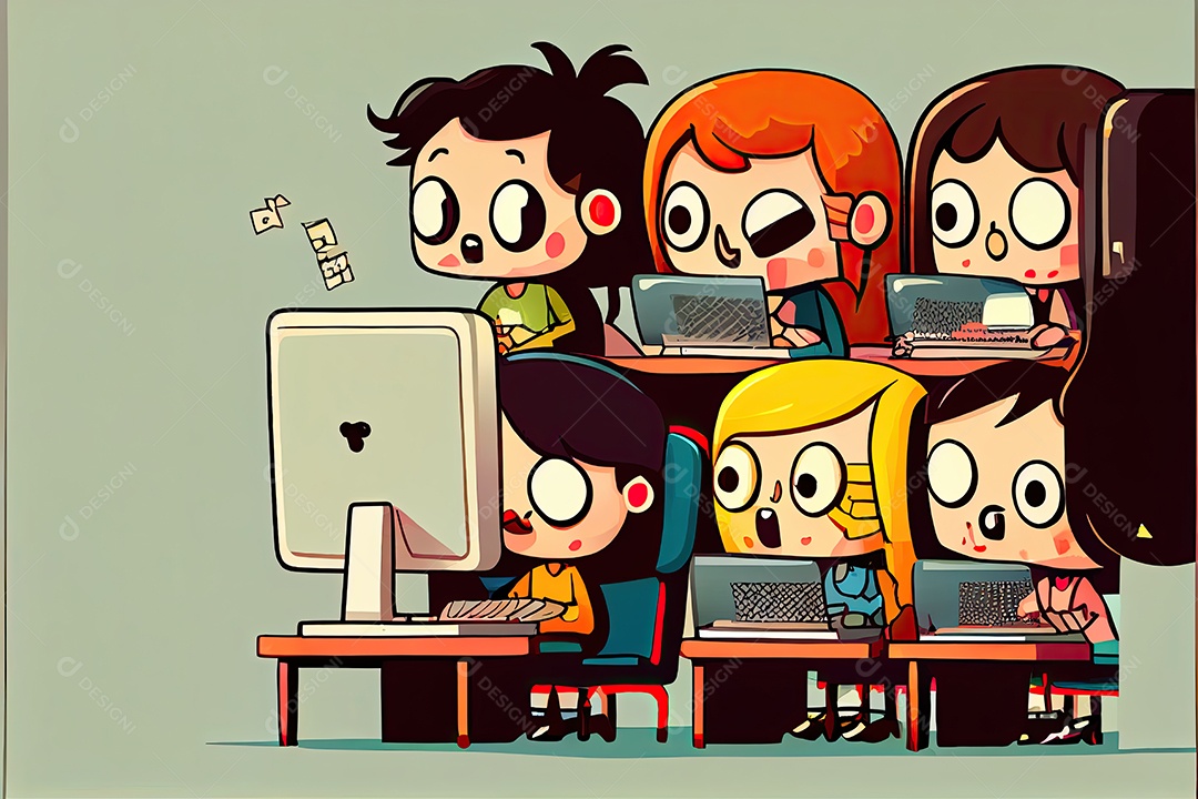 Desenho animado do aluno Estudando na frente do computador em sala de aula Dia do Professor e a importância dos educadores